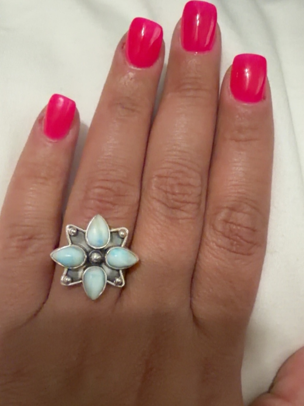 Sterling Silver Flower Ring with Light Blue Opal Cabochons